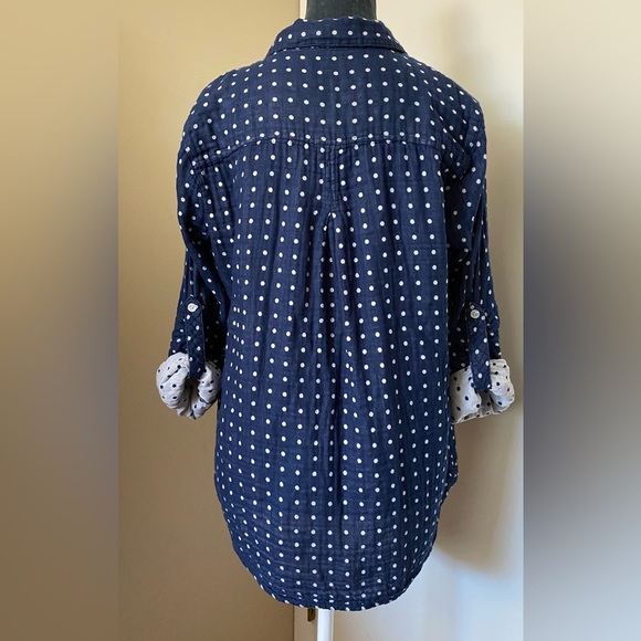 Kenneth Cole Reaction Blue White Polka Dot Cotton Gauze Button Down Size L - Picture 2 of 8